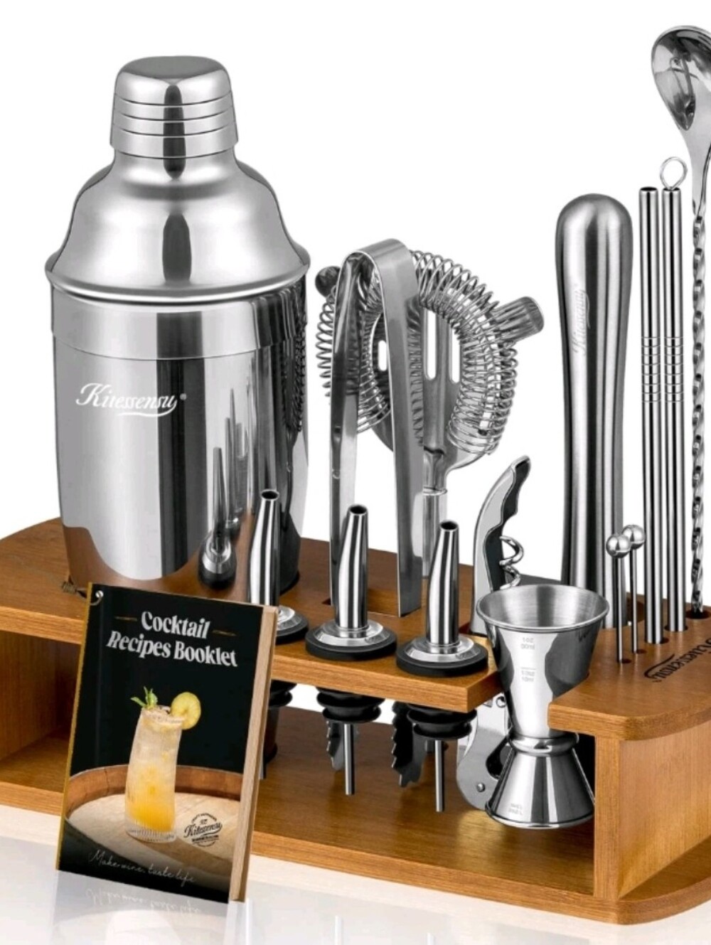 NWT KITESSENSU Cocktail Shaker Set Bartender 15 pieces-Silver, Silver Cobbler